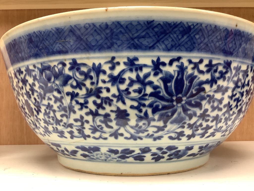 A 19th century Chinese blue and white punch bowl, 35cm diameter